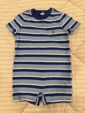 Ralph Lauren Light Blue & Navy Striped Baby Romper with Red Pony